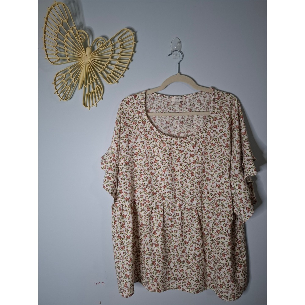 Umgee USA Floral Babydoll Top Cream Pink Ruffle Sleeve Blouse Large